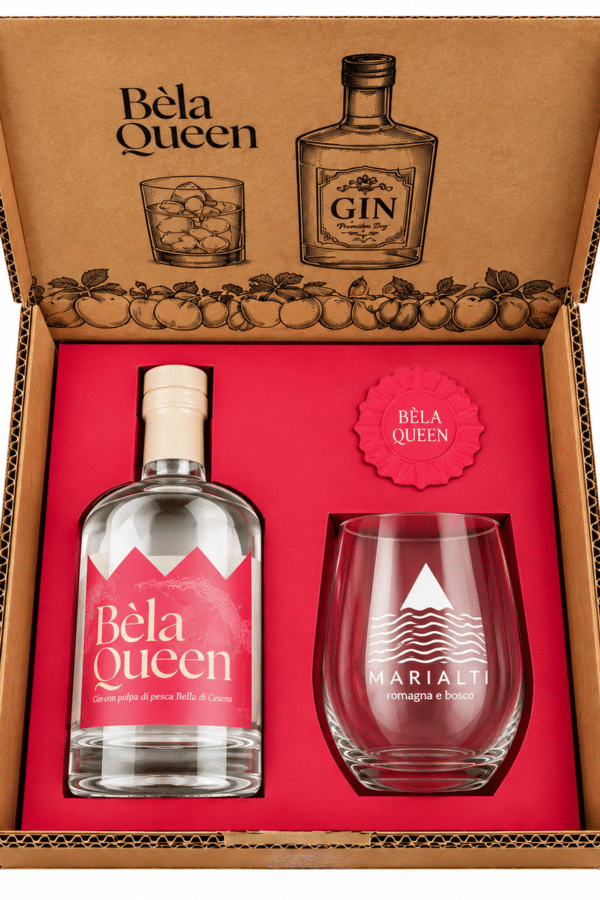 Box Regalo Bèla Queen – Gin alla pesca Bella di Cesena con bicchiere Marialti